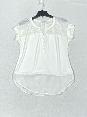 Daniel Rainn Sheer Chiffon Henley Tunic Blouse Women's M Ivory Swiss Dot Panels